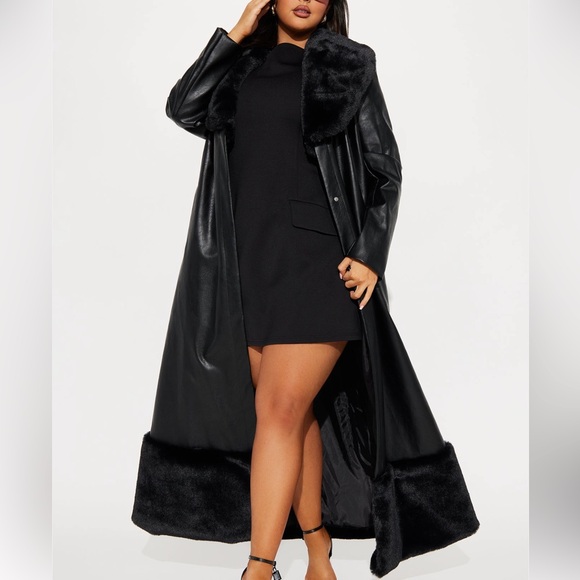 Women's Black Faux Leather Coat with Fur Trim - Picture 2 of 12